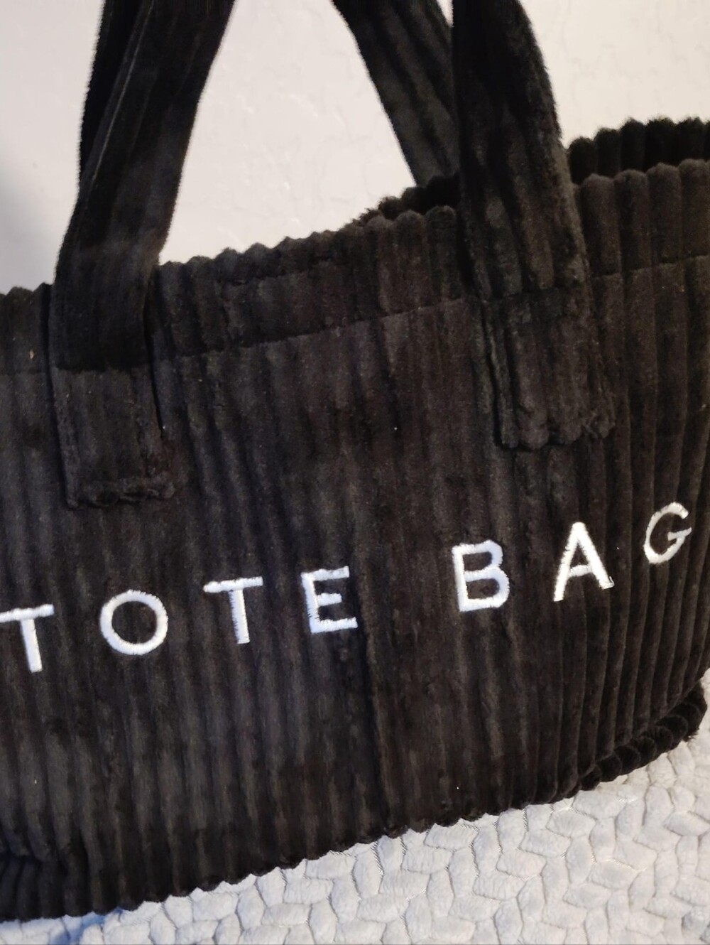 Corduroy Black Tote Bag with White Embroidery